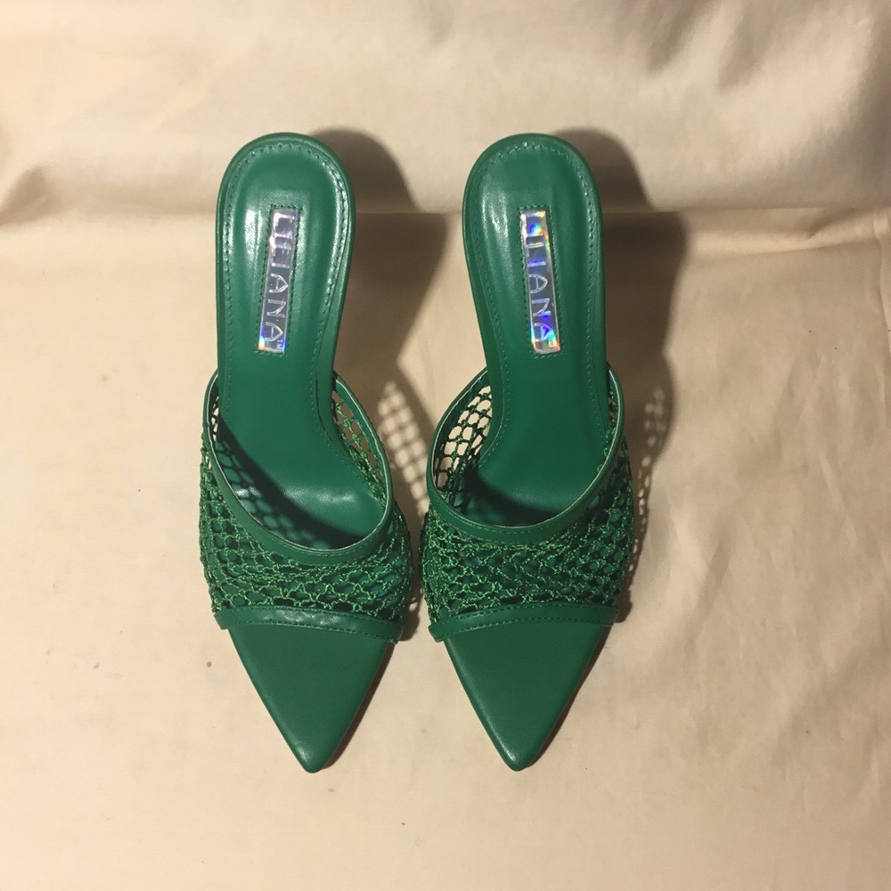 Liliana Emerald Green Pointed Toe Mesh Mule Heels